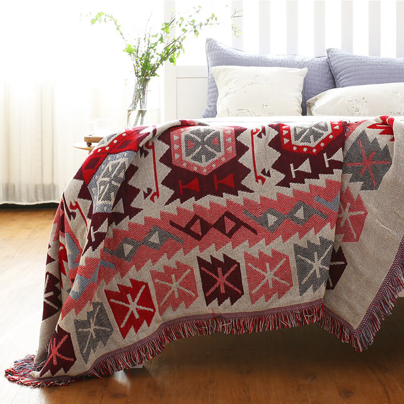 Throw Blanket Reversible Ethnic Pattern Cotton Blend Tassels