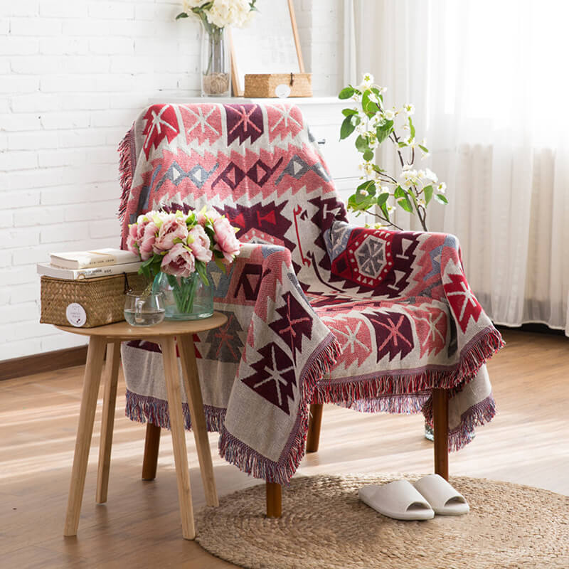 Throw Blanket Reversible Ethnic Pattern Cotton Blend Tassels