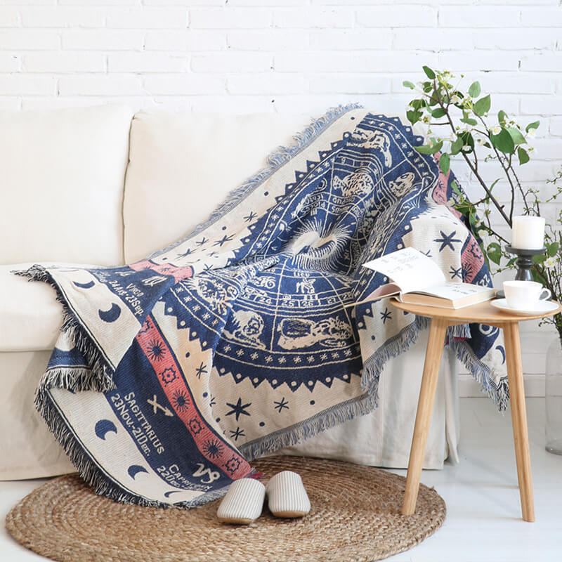 Throw Blanket Reversible Ethnic Pattern Cotton Blend Tassels
