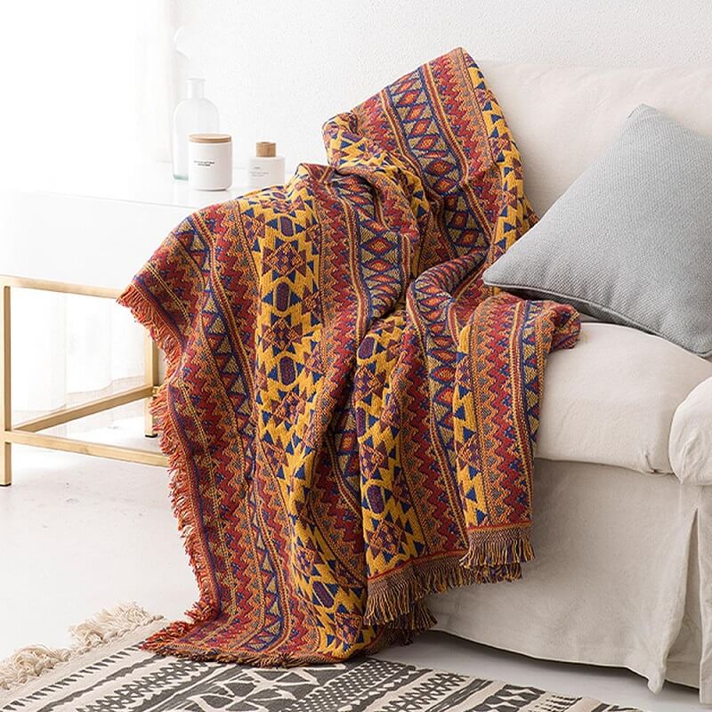 Throw Blanket Reversible Ethnic Pattern Cotton Blend Tassels