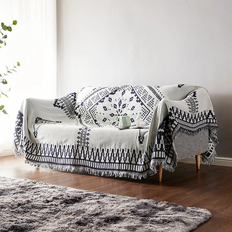 Throw Blanket Reversible Ethnic Pattern Cotton Blend Tassels