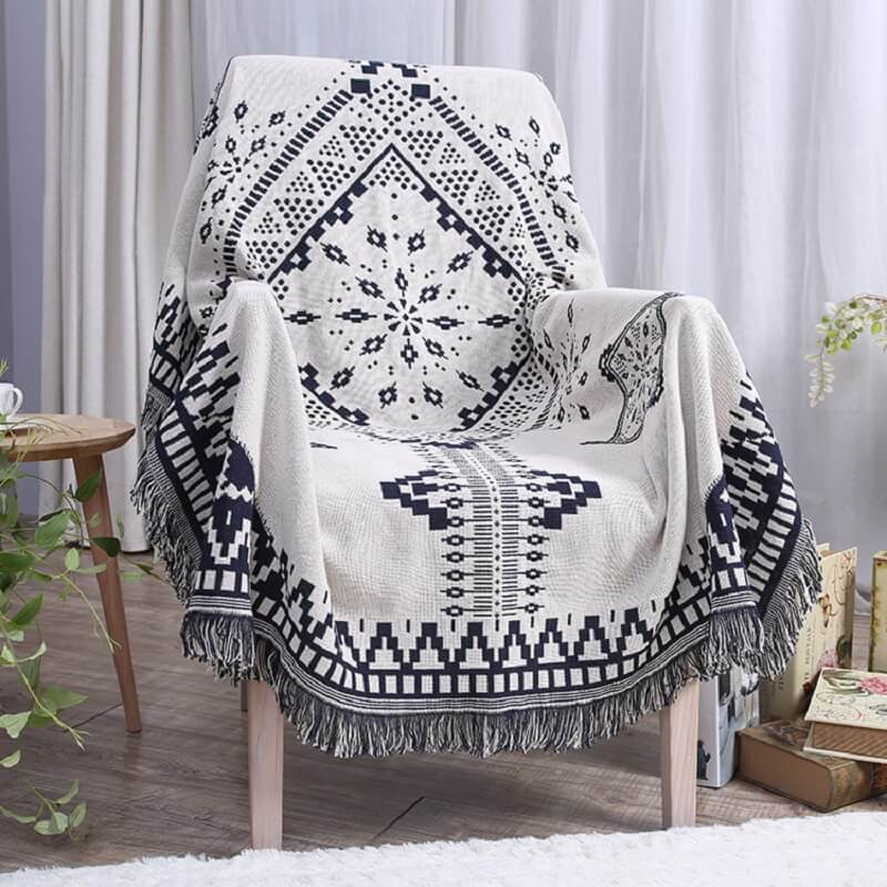 Throw Blanket Reversible Ethnic Pattern Cotton Blend Tassels