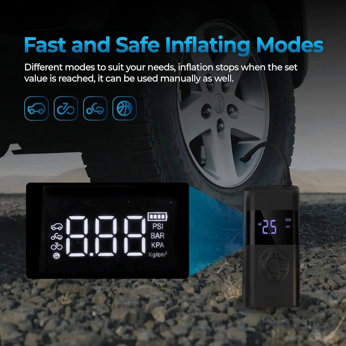 Tire Inflator Digital Auto-Stop Rechargeable USB & LED