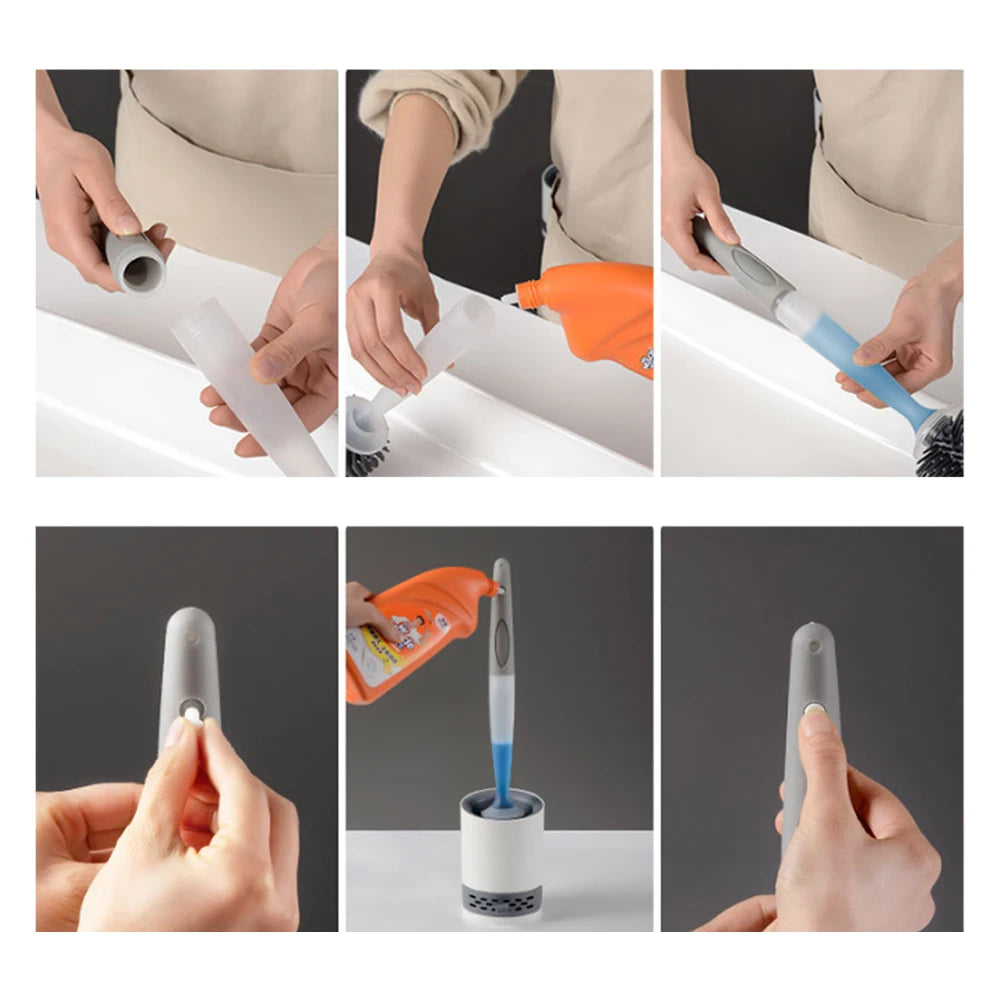 Toilet Brush Built-In Soap Dispenser Soft Silicone Bristles Wall-Mount
