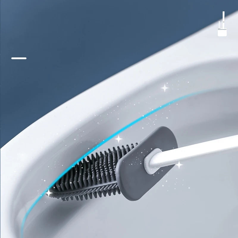 Toilet Brush Flexible Silicone Head Wall-Mount Holder Quick-Drying