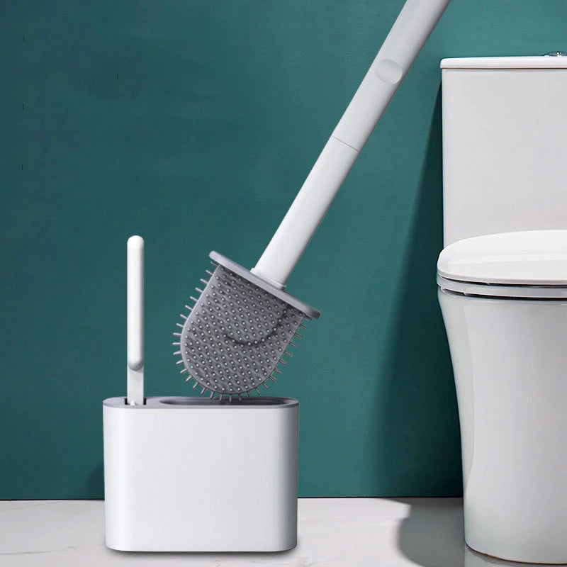 Toilet Brush Flexible Silicone Head Wall-Mount Holder Quick-Drying