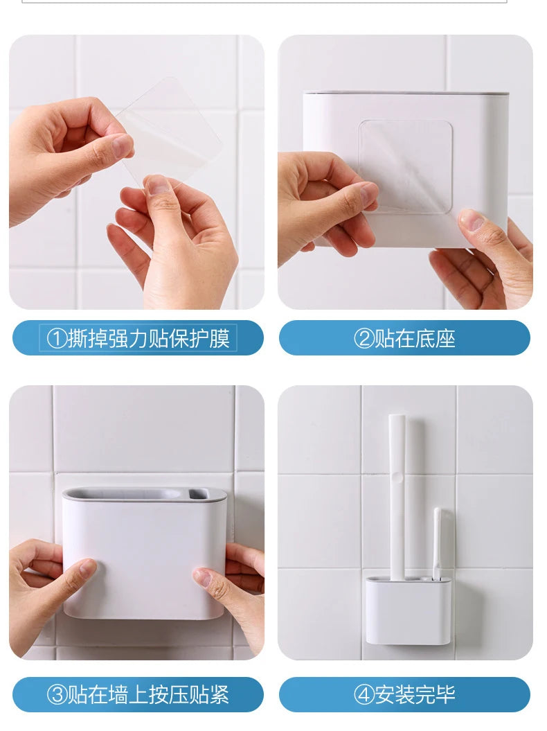 Toilet Brush Flexible Silicone Head Wall-Mount Holder Quick-Drying