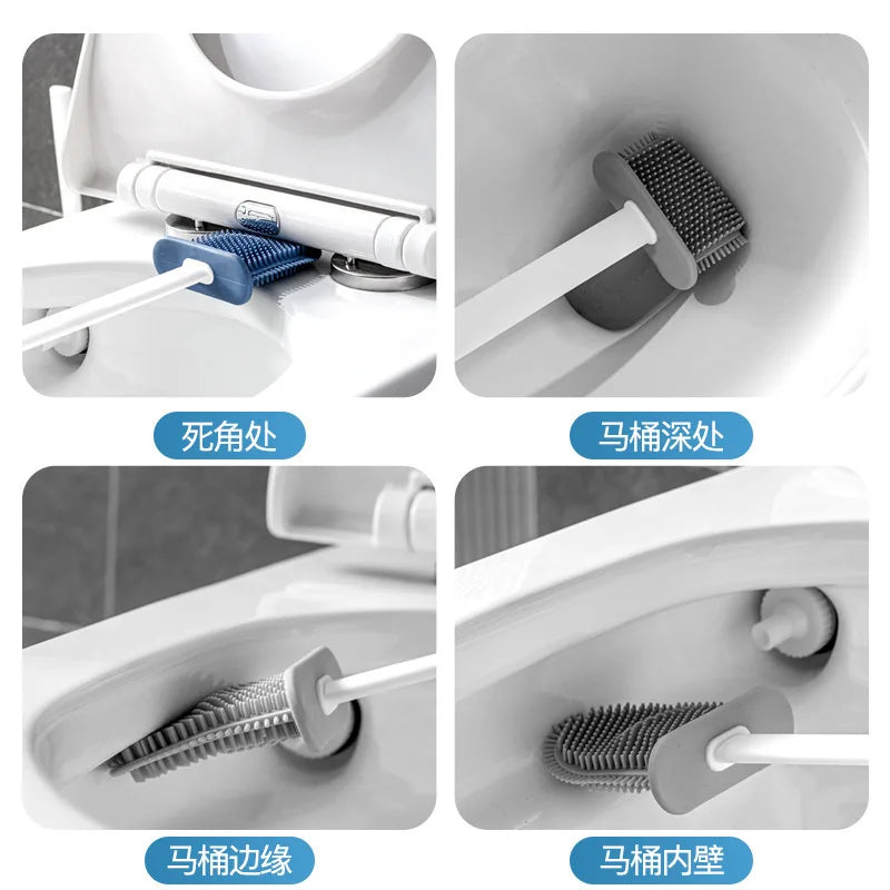 Toilet Brush Flexible Silicone Head Wall-Mount Holder Quick-Drying