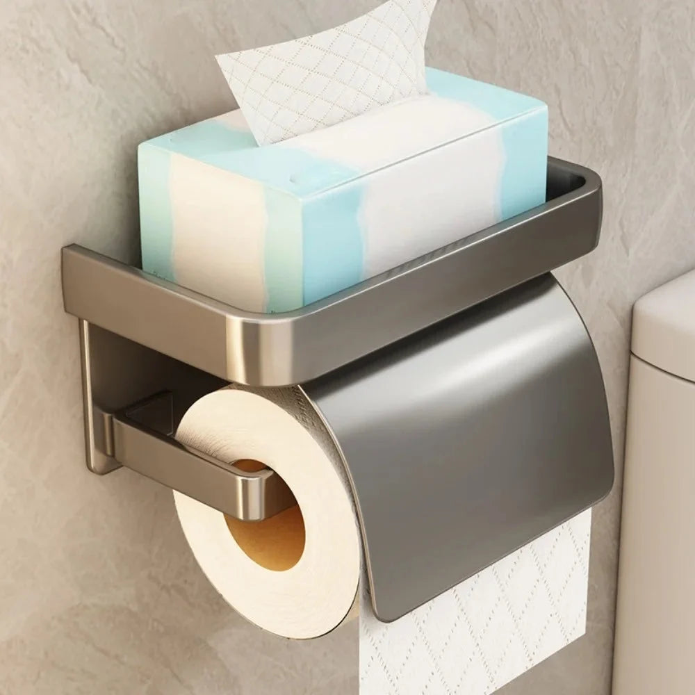 Toilet Paper Holder Aluminum Curved Cover & Shelf No-Drill
