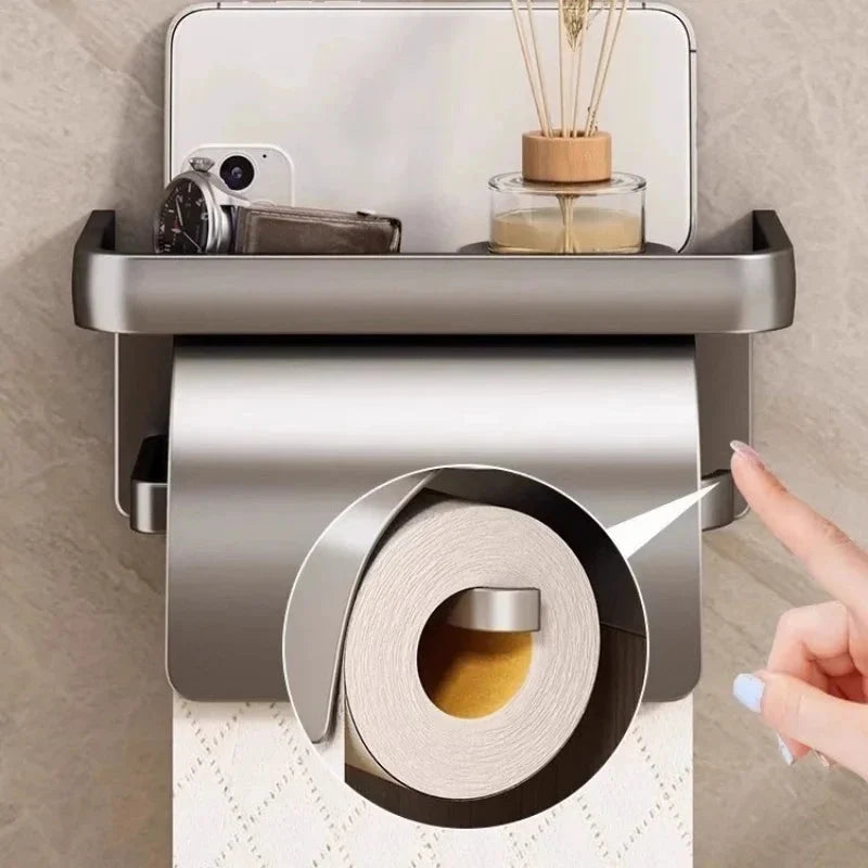 Toilet Paper Holder Aluminum Curved Cover & Shelf No-Drill