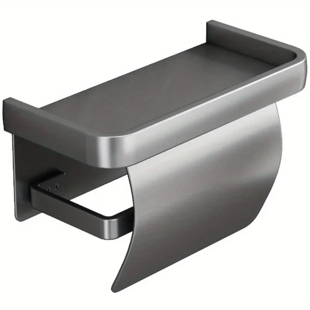 Toilet Paper Holder Aluminum Curved Cover & Shelf No-Drill