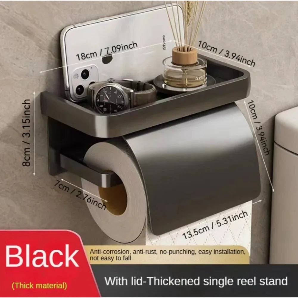 Toilet Paper Holder Aluminum Curved Cover & Shelf No-Drill