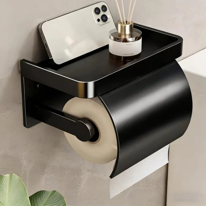 Toilet Paper Holder Aluminum Curved Cover & Shelf No-Drill
