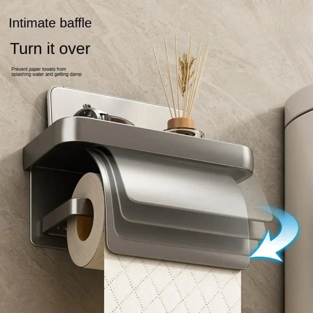 Toilet Paper Holder Aluminum Curved Cover & Shelf No-Drill