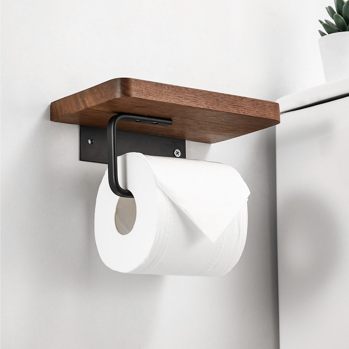 Toilet Paper Holder Wall-Mounted Walnut Shelf & Metal Bracket