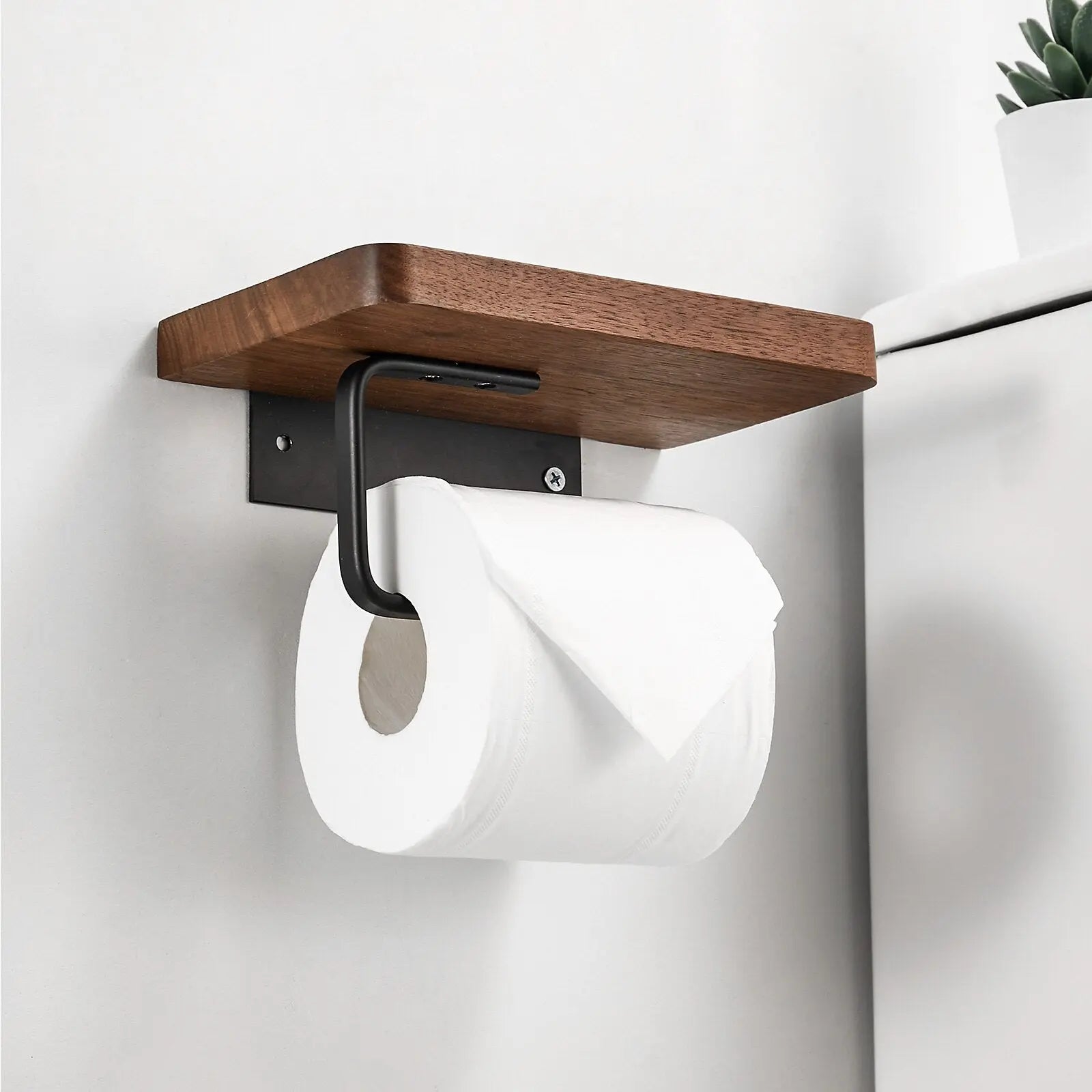 Toilet Paper Holder Wall-Mounted Walnut Shelf Metal Bracket