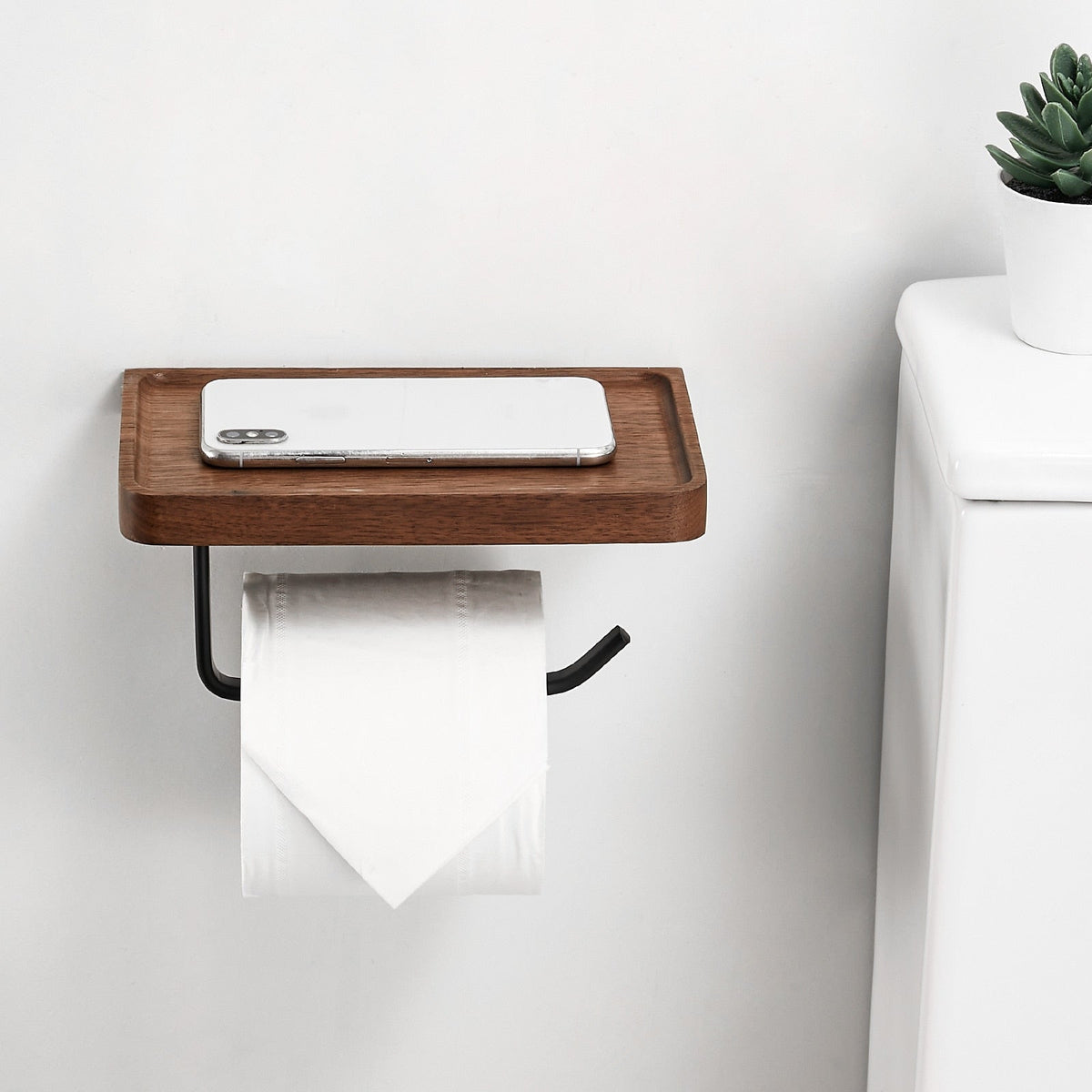 Toilet Paper Holder Wall-Mounted Walnut Shelf & Metal Bracket