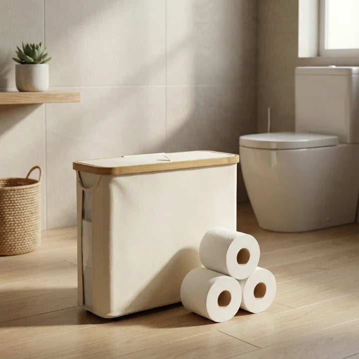 Toilet Paper Storage Box Large Capacity Bamboo-Look Lid