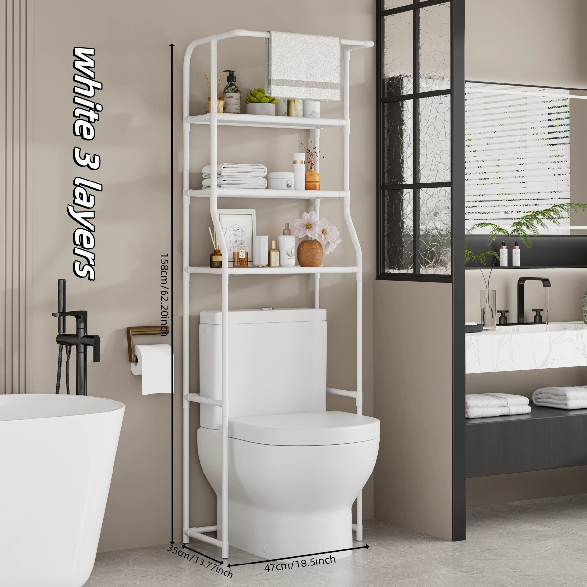 Toilet Shelf 3-Tier Powder-Coated Steel & Waterproof Shelves