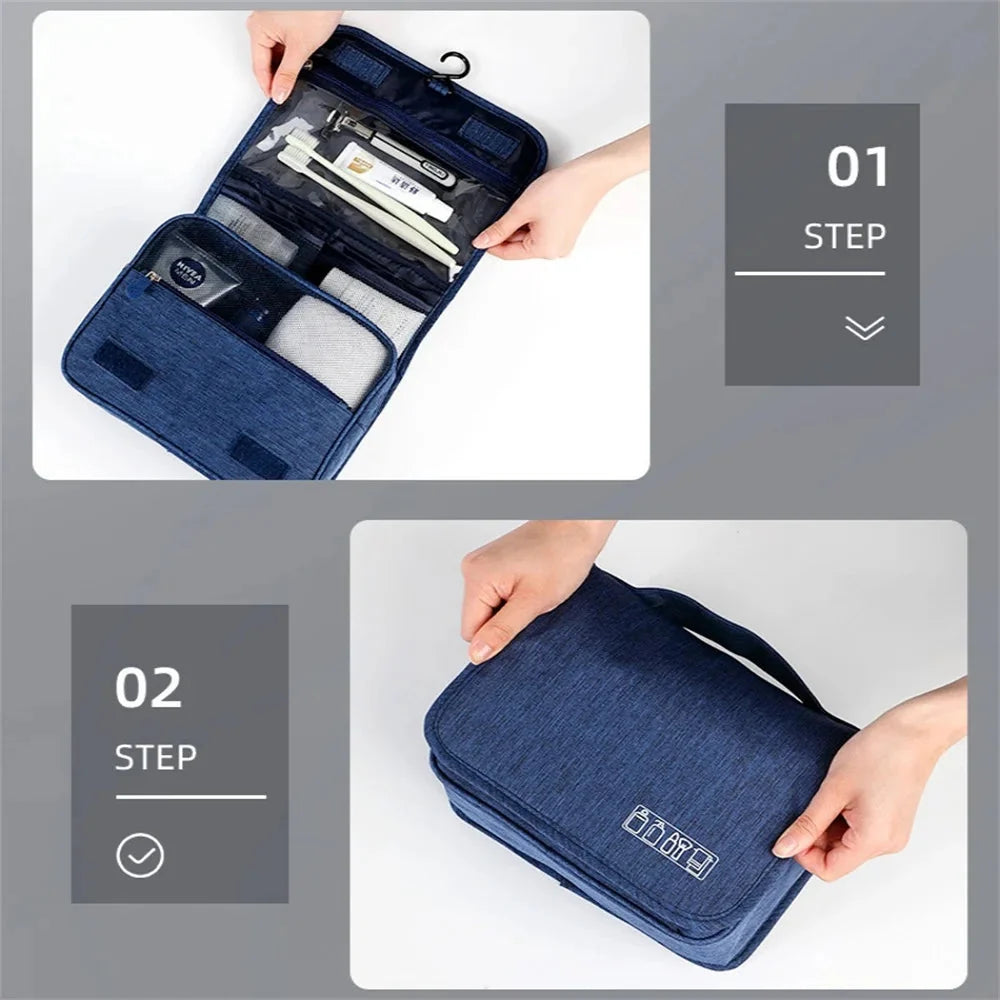 Toiletry Bag Foldable With Hanging Hook & Multiple Compartments