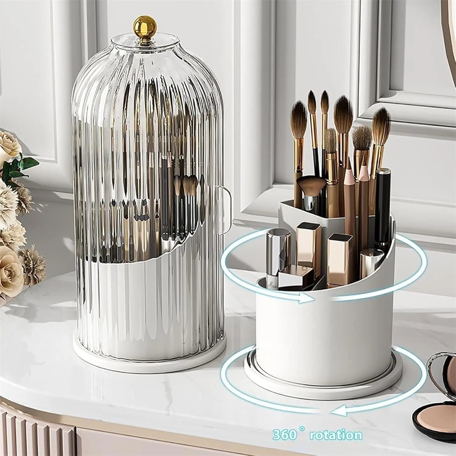 Toothbrush Holder Sliding Lid 3 Compartments 360 Degree Swivel