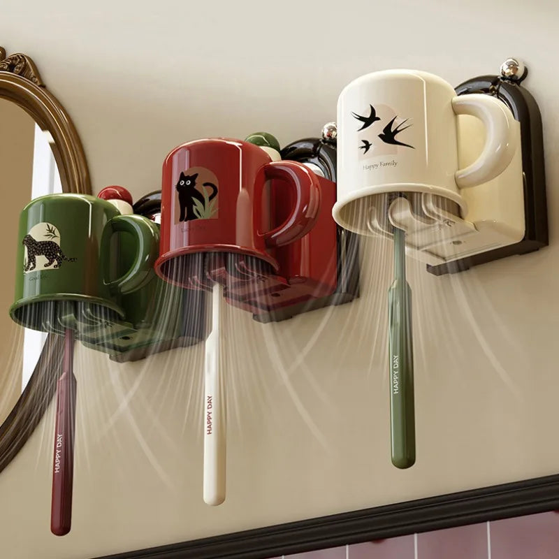 Toothbrush Holder Suction Wall Mount Drip-Free Cup & Storage