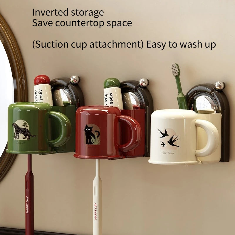 Toothbrush Holder Suction Wall Mount Drip-Free Cup & Storage