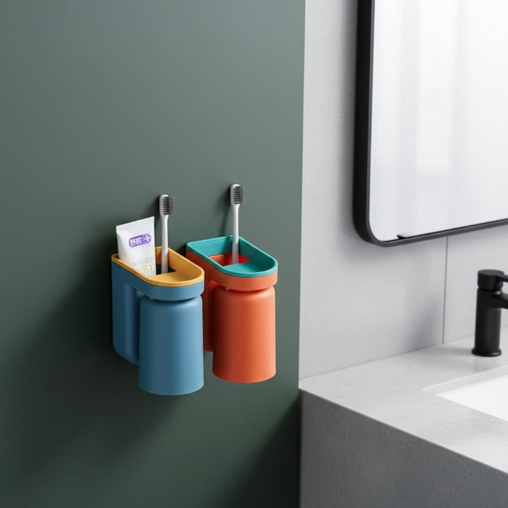 Toothbrush Wall Holder Self-Adhesive No-Drill Cup & Toothpaste Tray