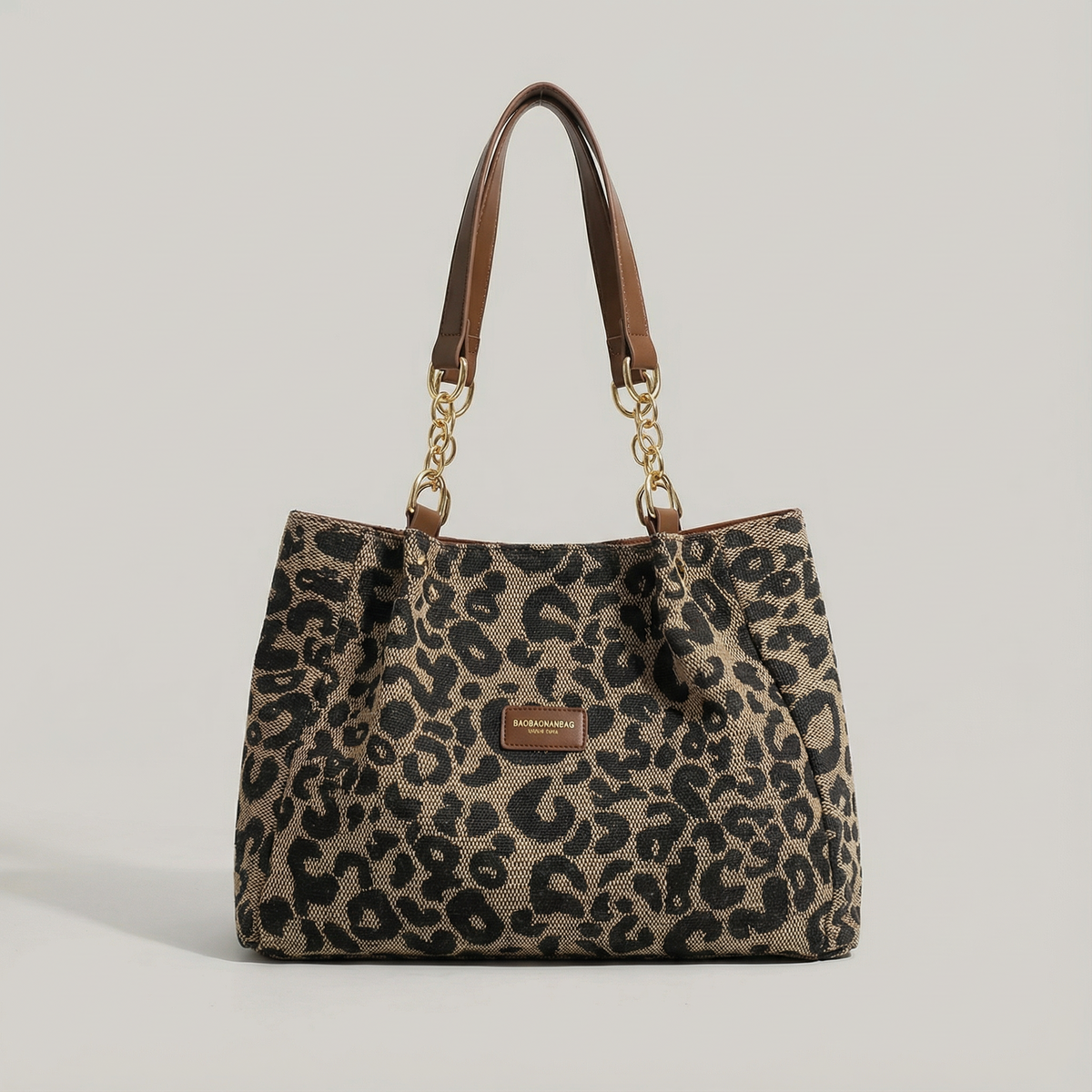 Tote Bag Leopard Print Canvas Faux Leather Straps