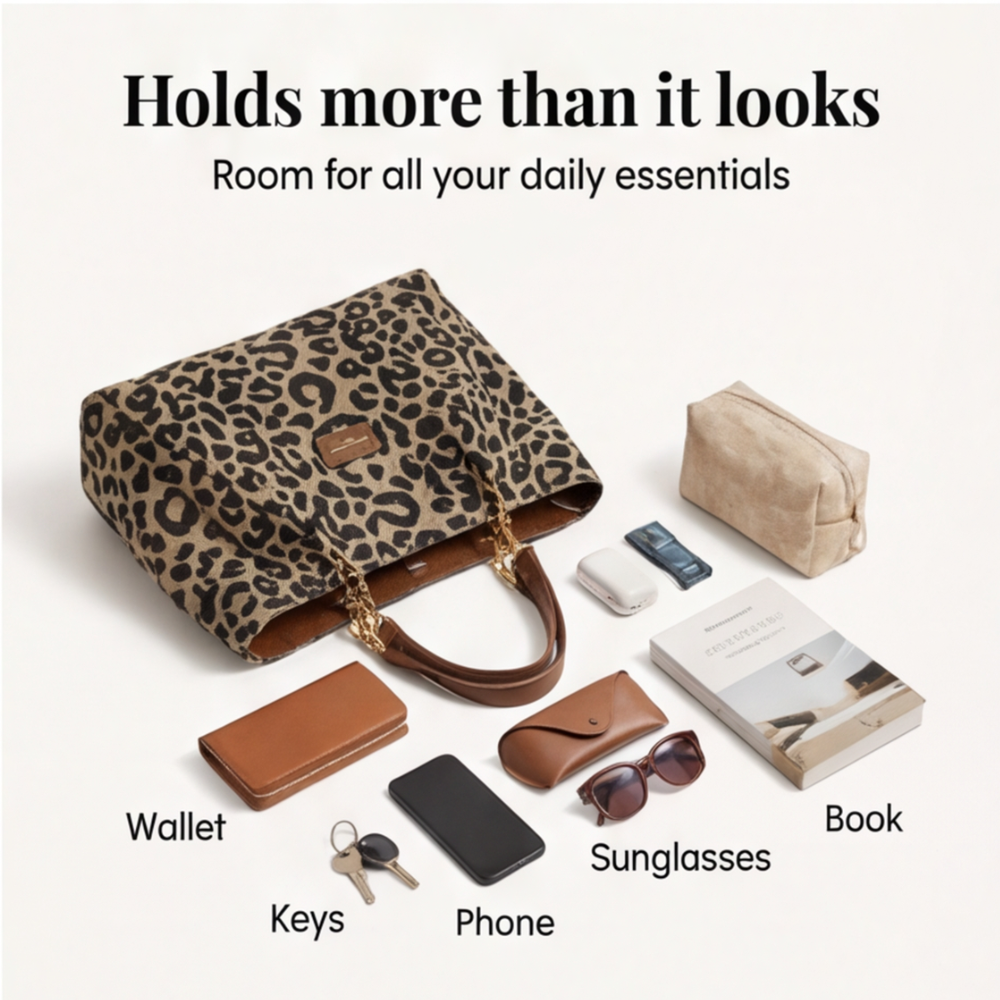 Tote Bag Leopard Print Canvas Faux Leather Straps