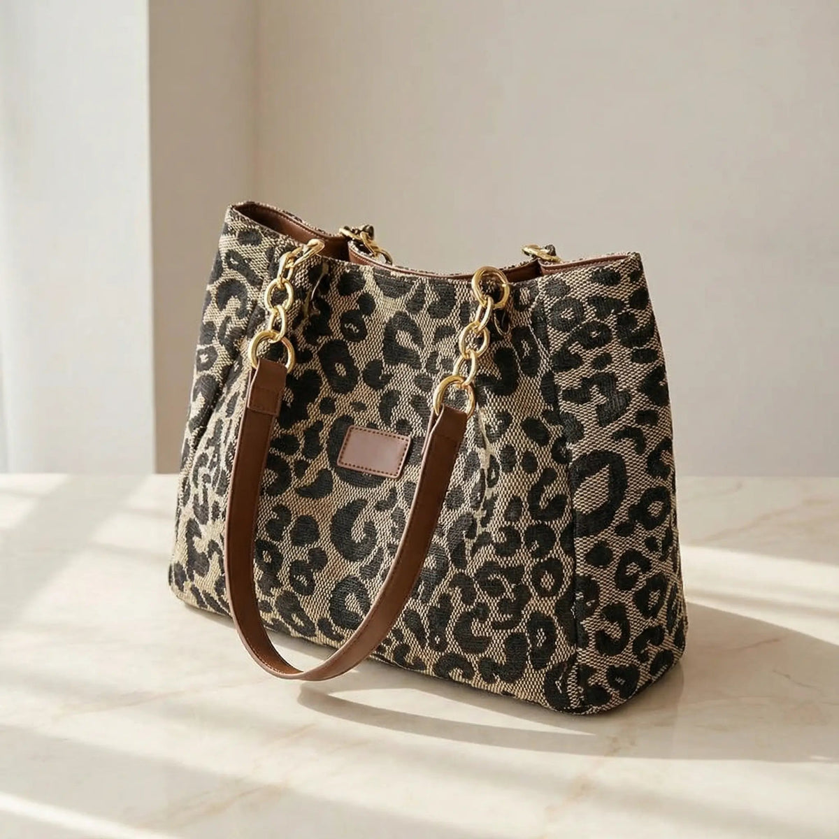Tote Bag Leopard Print Woven Canvas Gold Chain Straps