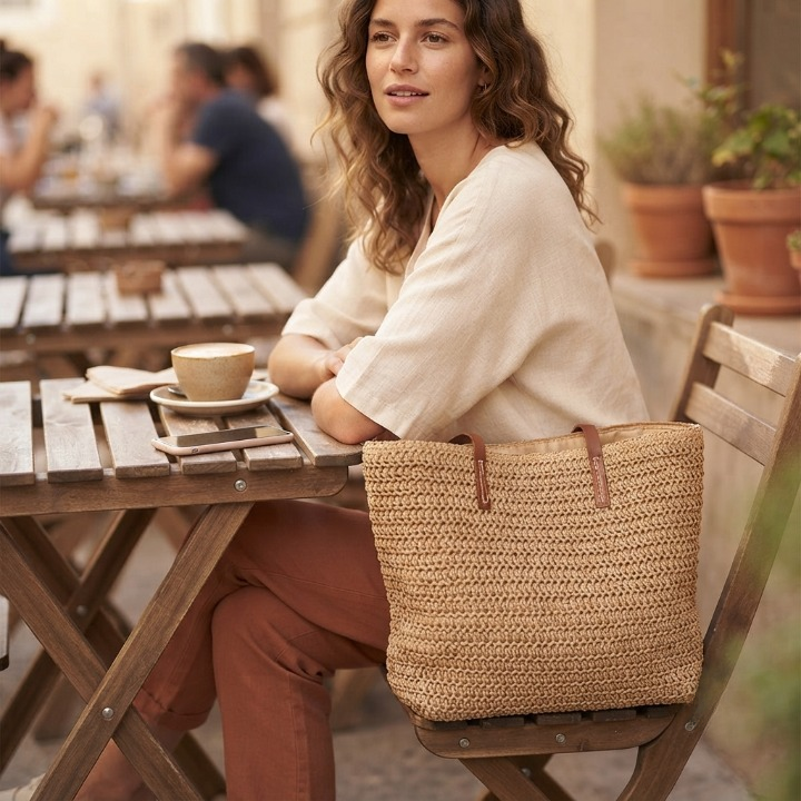 Tote Handwoven Rattan Leather Handles & Zipper Pocket