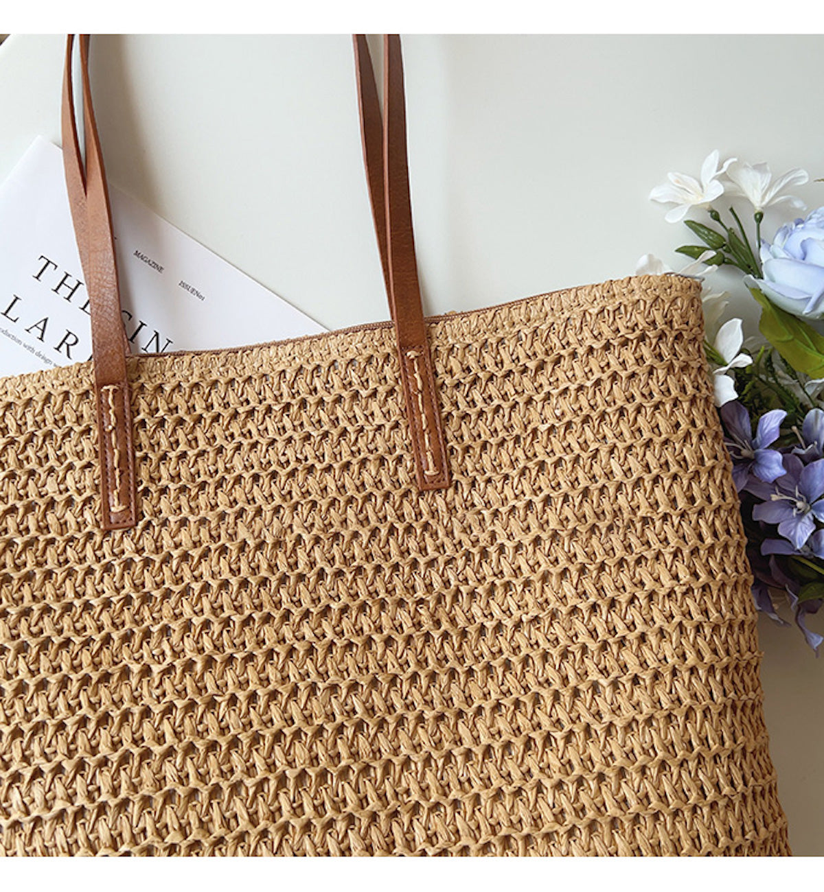 Tote Handwoven Rattan Leather Handles & Zipper Pocket
