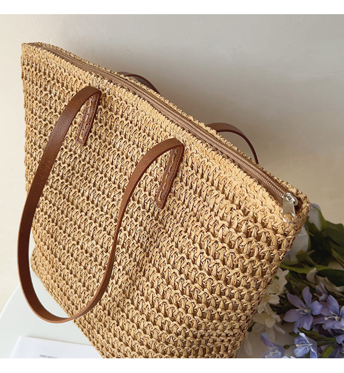 Tote Handwoven Rattan Leather Handles & Zipper Pocket