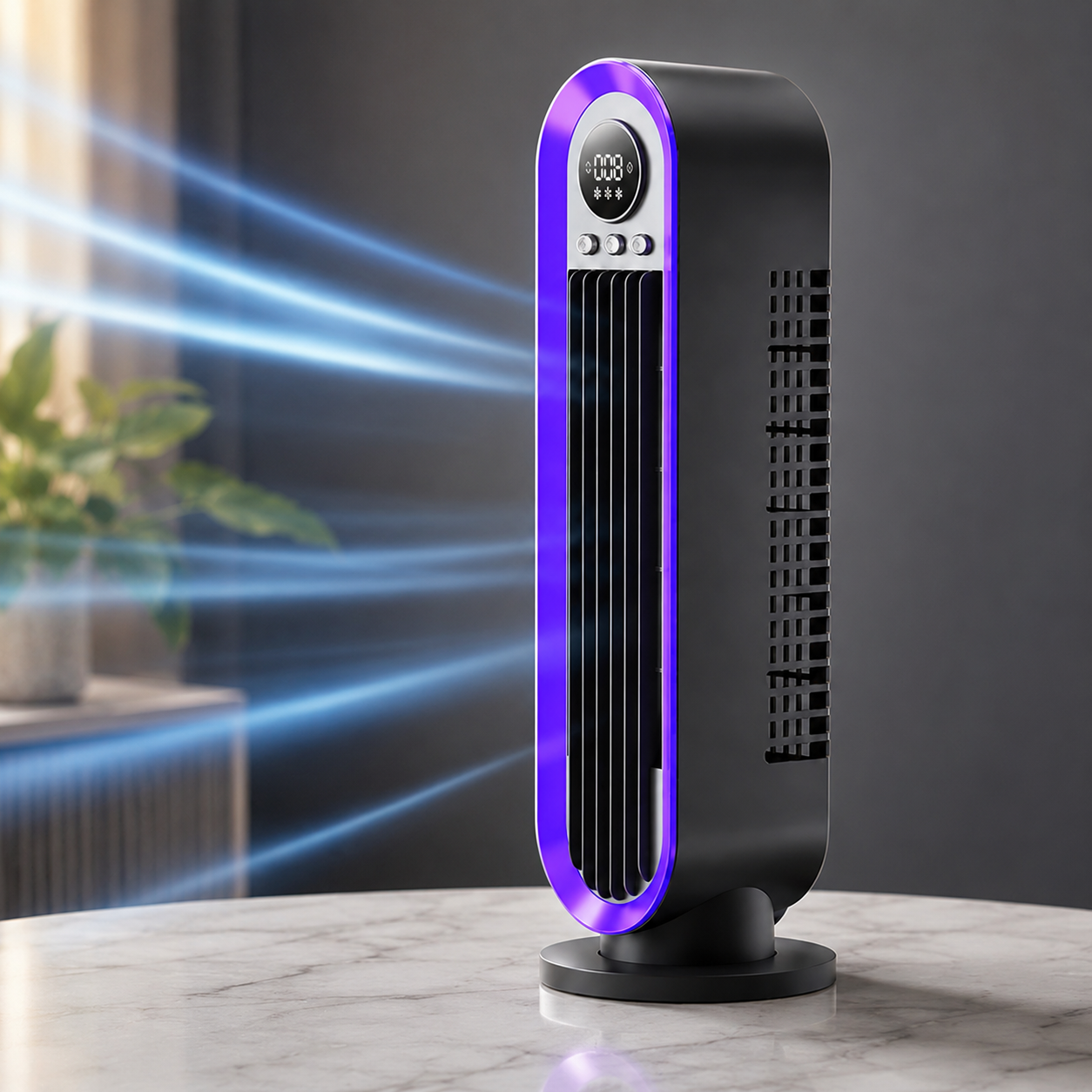 Tower Fan Whisper-Quiet Oscillating USB Rechargeable & Portable LED Ring