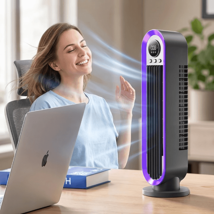 Tower Fan Whisper-Quiet Oscillating USB Rechargeable & Portable LED Ring