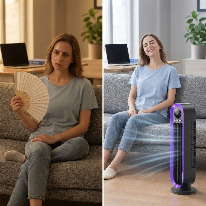 Tower Fan Whisper-Quiet Oscillating USB Rechargeable & Portable LED Ring