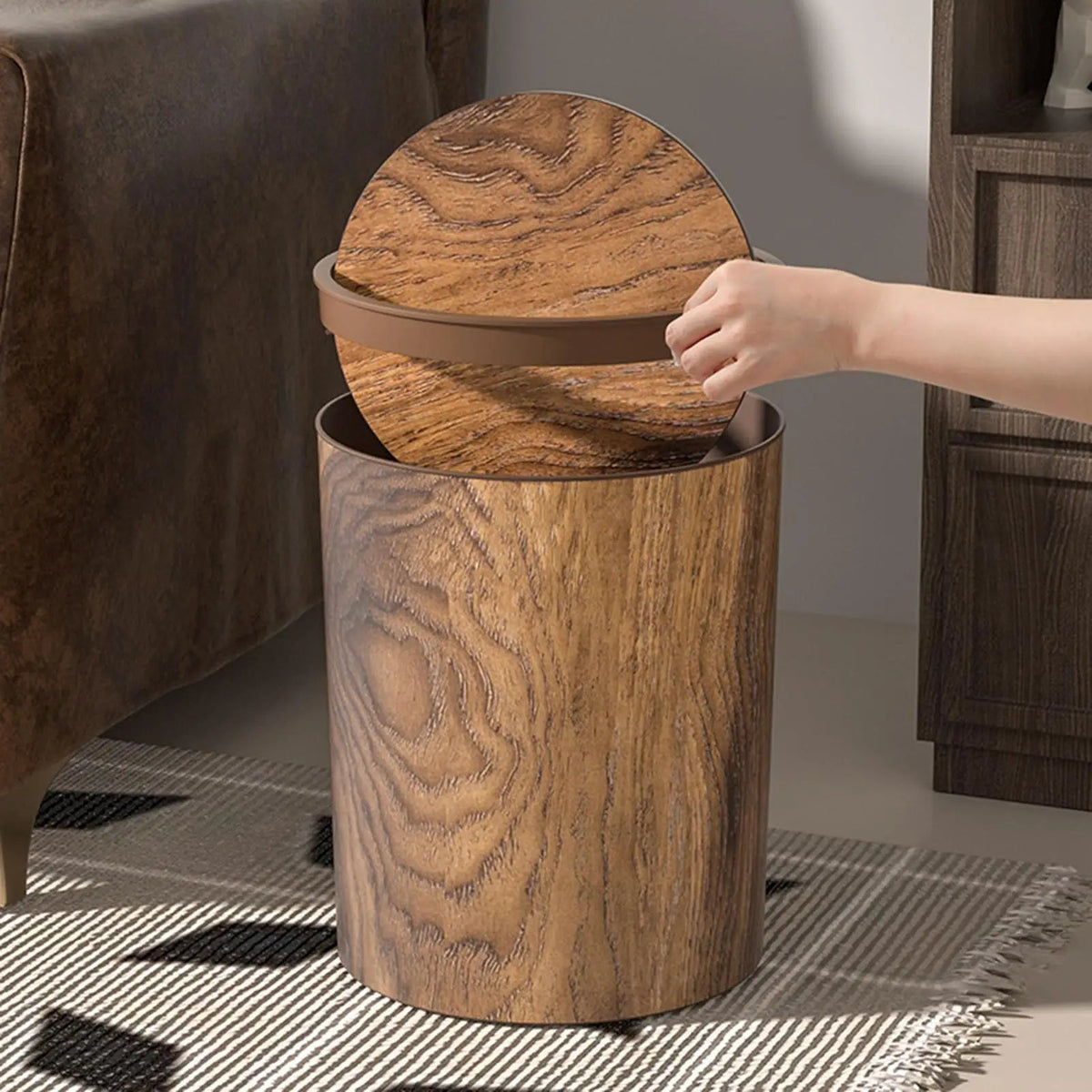 Trash Can Quiet Swing Lid Wood Grain Finish