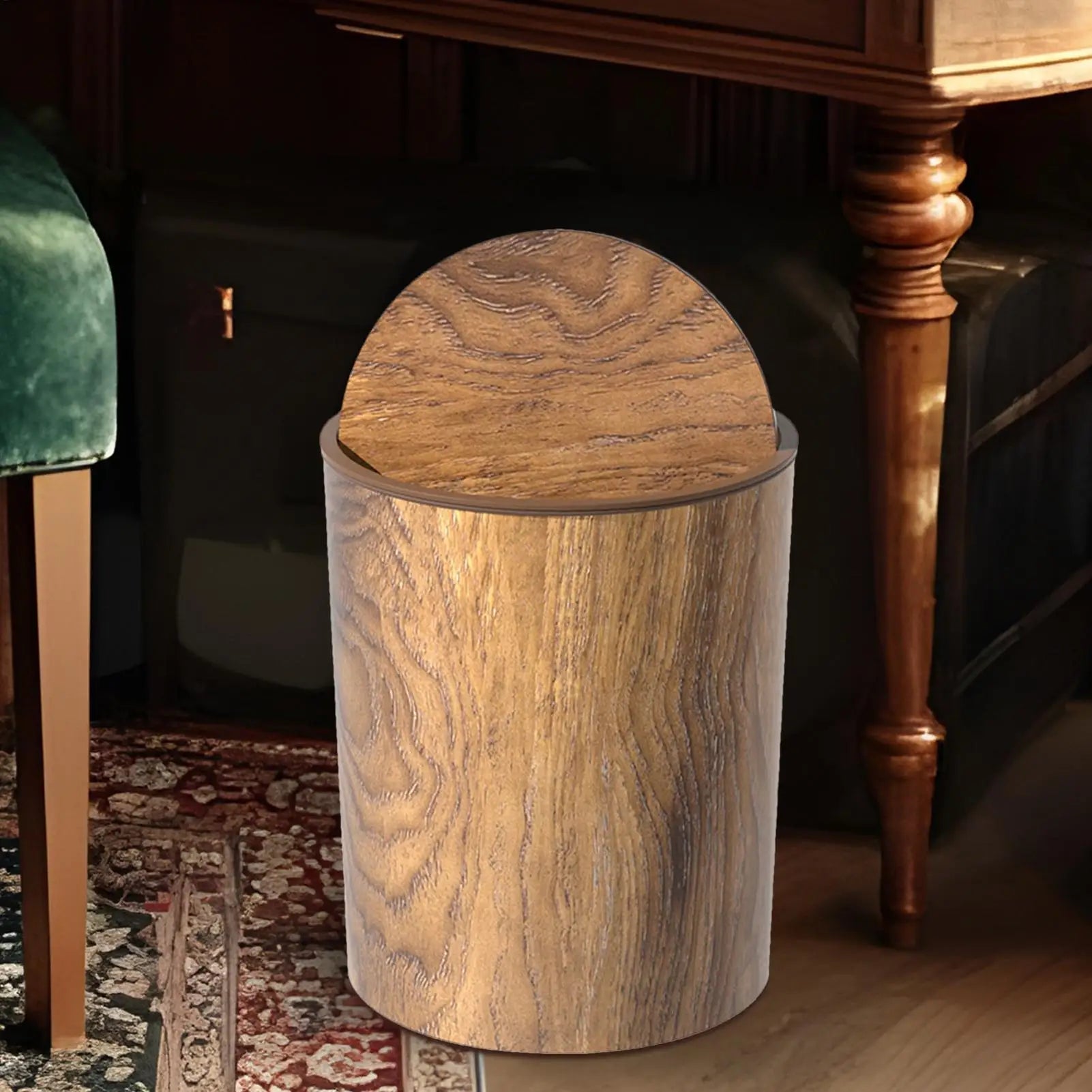 Trash Can Quiet Swing Lid Wood Grain Finish