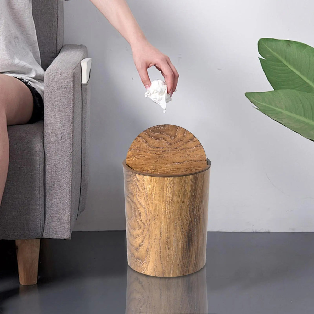 Trash Can Quiet Swing Lid Wood Grain Finish