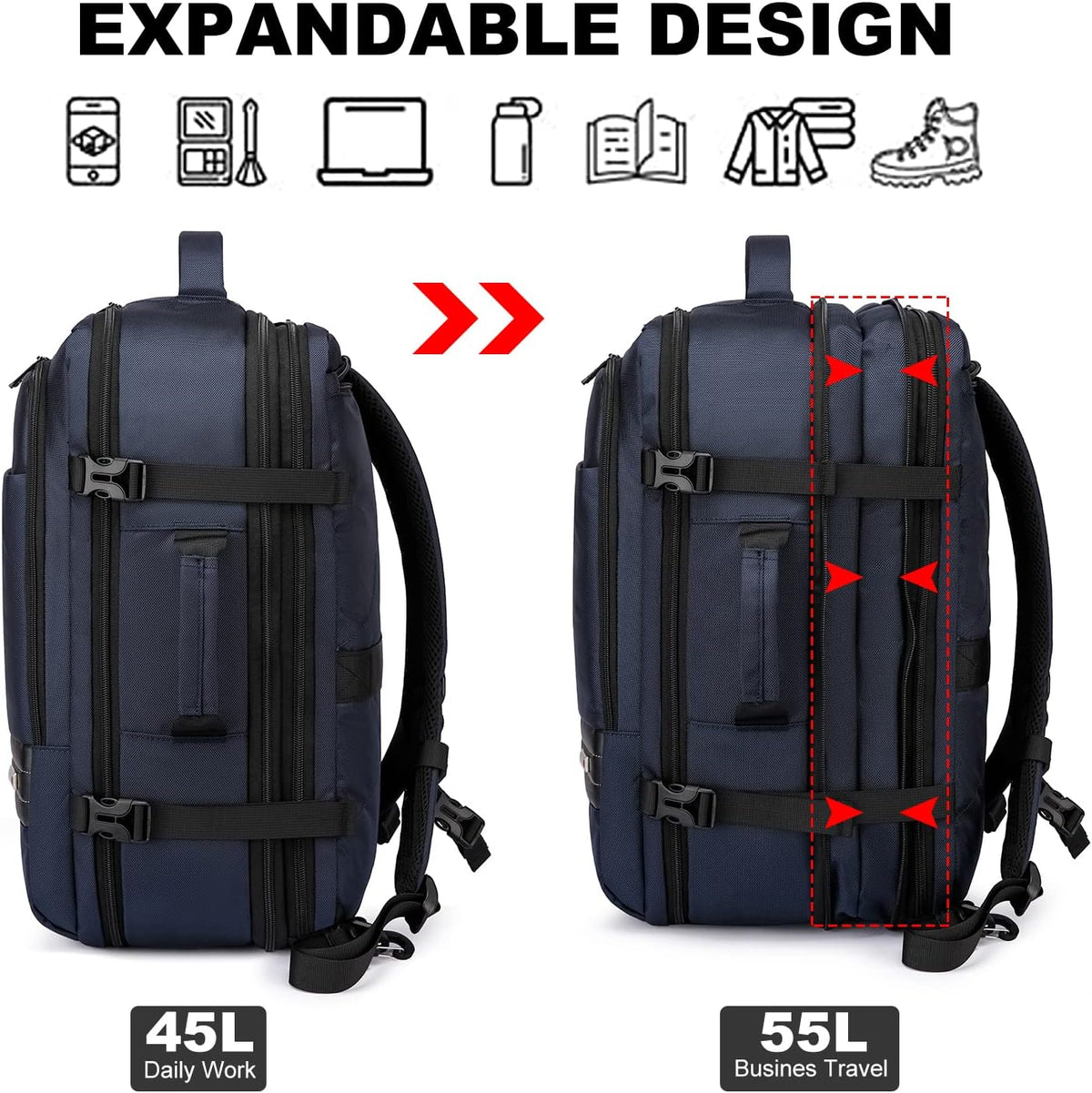 Travel Backpack Expandable 45-55L Padded Laptop Compartment Carry-On Compatible