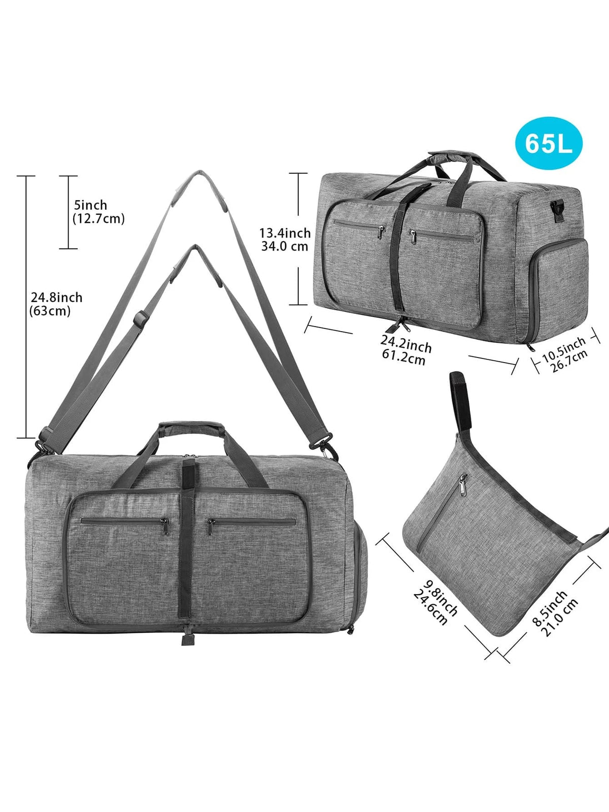 Travel Bag Foldable 65L Multiple Zip Pockets