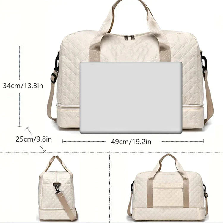 Travel Bag Quilted Water-Repellent Shoe Compartment & Wet Zone