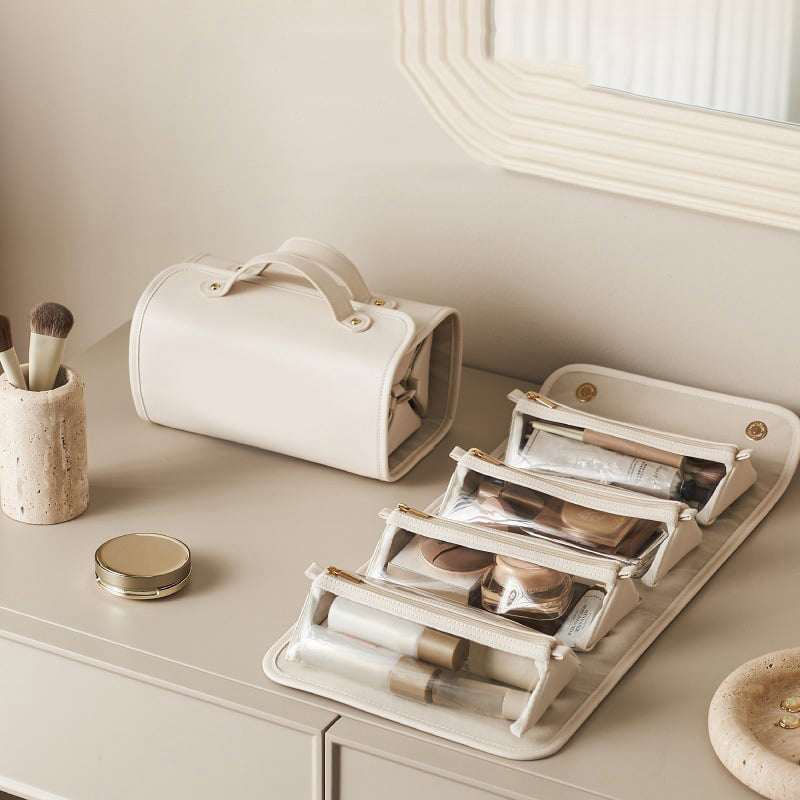 Travel Cosmetic Bag Detachable Compartments Waterproof PU Leather