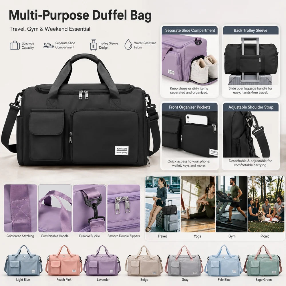 Travel Duffel Bag Separate Shoe Compartment Water-Repellent Nylon