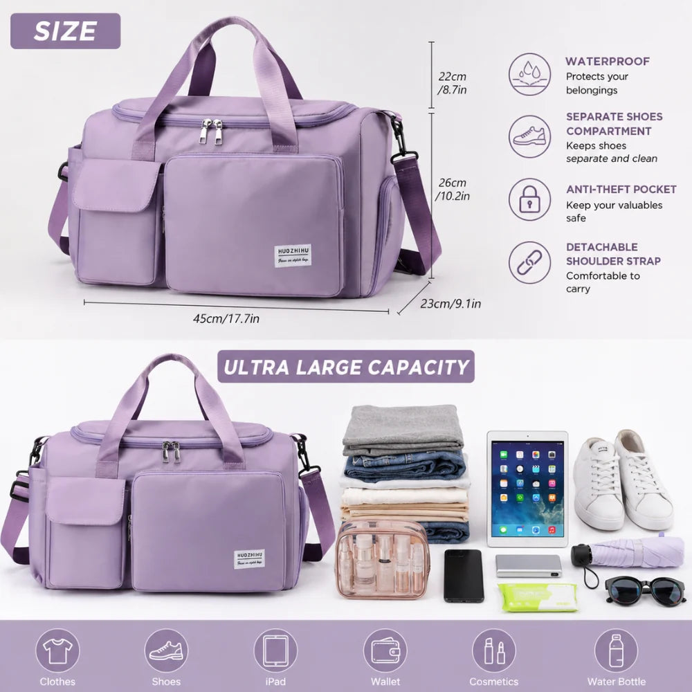 Travel Duffel Bag Separate Shoe Compartment Water-Repellent Nylon