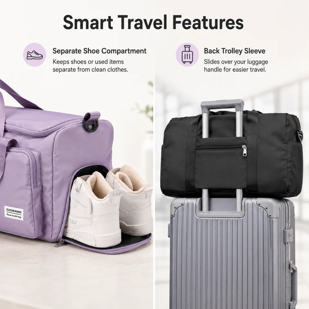 Travel Duffel Bag Separate Shoe Compartment Water-Repellent Nylon