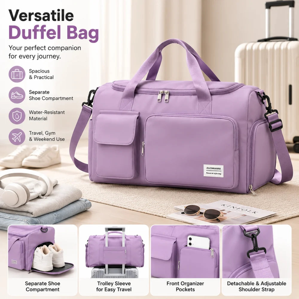 Travel Duffel Bag Separate Shoe Compartment Water-Repellent Nylon