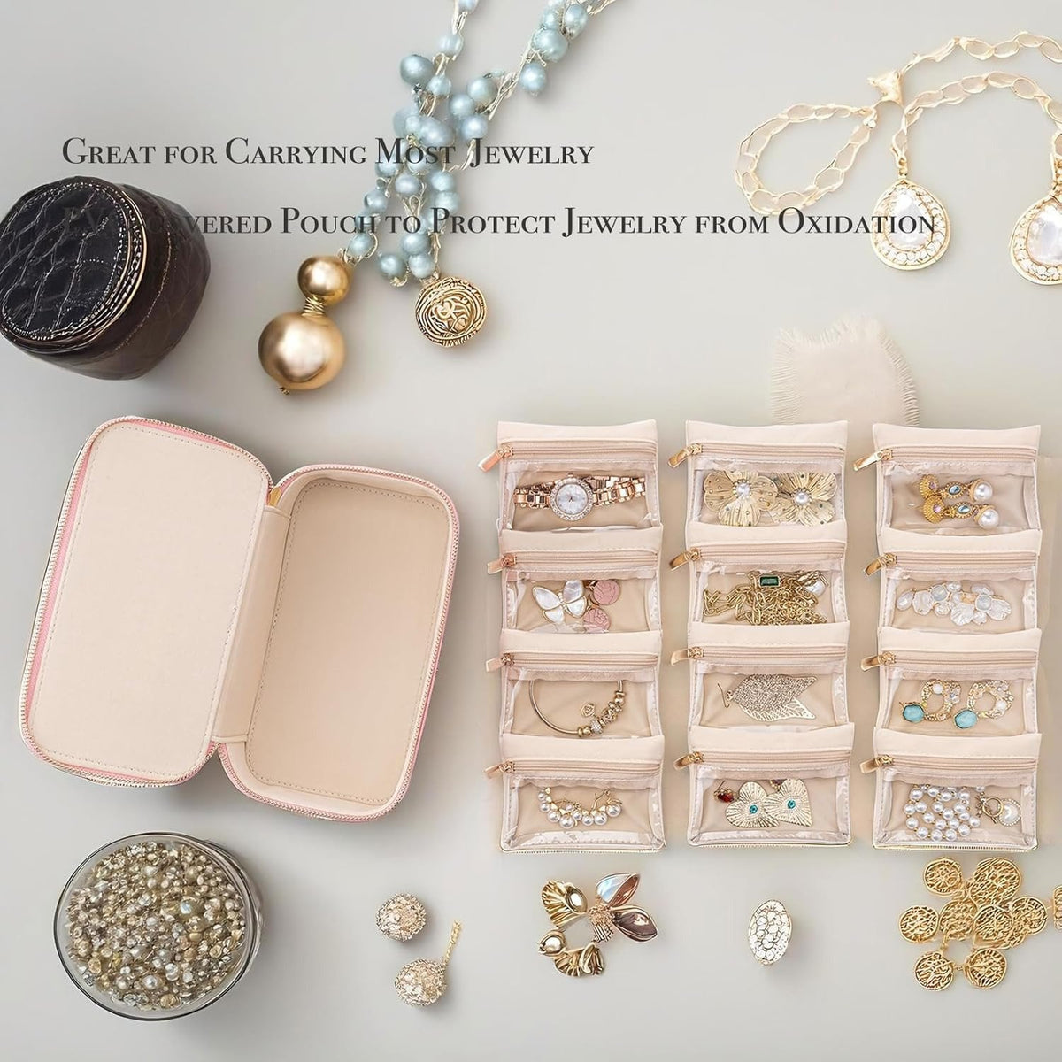 Travel Jewelry Organizer 12 Zippered Compartments Transparent Lids