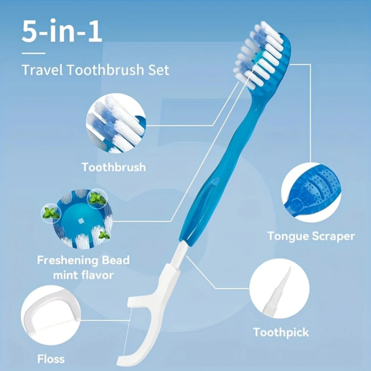 Travel Oral Care Kit 3-In-1 Brush Flosser Tongue Scraper